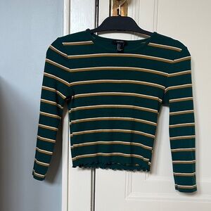 Forever 21 Dark Green and Mustard Striped 3/4 Sleeve Top